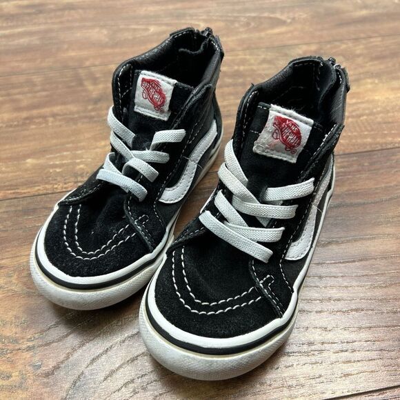 Vans Lace Up Back Zip‎ High Top Shoe Toddler 8 Black White Canvas - Picture 1 of 8